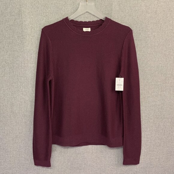 J Crew scalloped crew neck sweater MEDIUM maroon red (IRIS) - NWT -Boutique - Picture 1 of 8